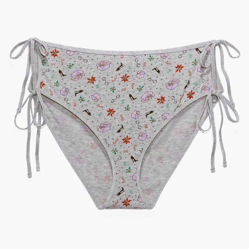 NEW Savage X Fenty Grey Tis The Savage Hot Side Tie Shorts Holiday Print XL